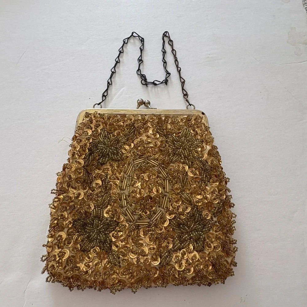Walborg Beaded Evening Bag/Purse/Clutch Chain Gold sequines